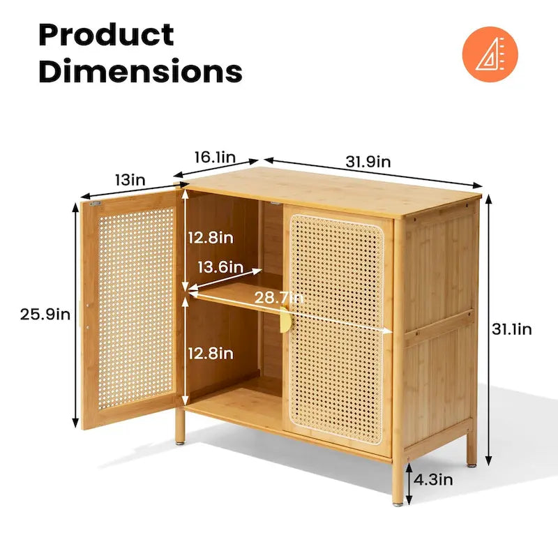 Natural Bamboo Rattan 2-Door Sideboard Storage Cabinet with Adjustable Shelves