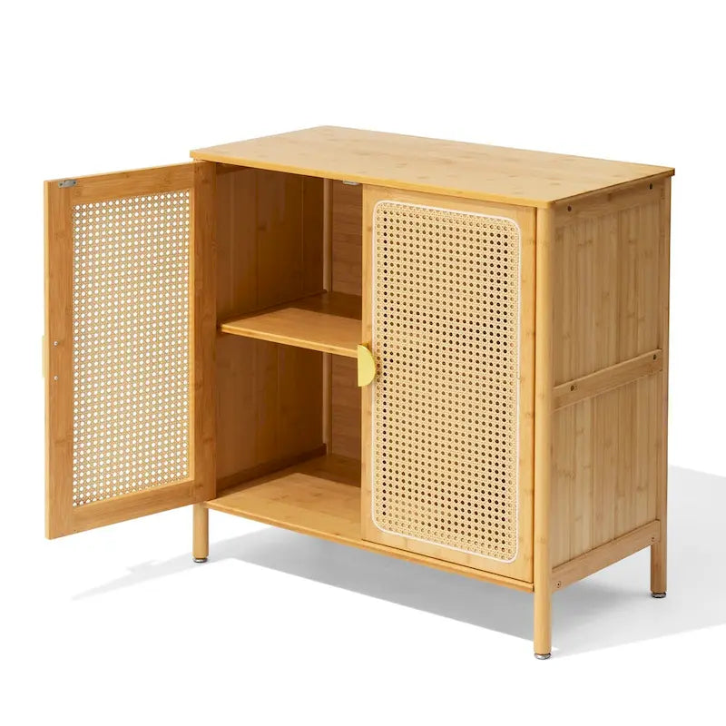 Natural Bamboo Rattan 2-Door Sideboard Storage Cabinet with Adjustable Shelves