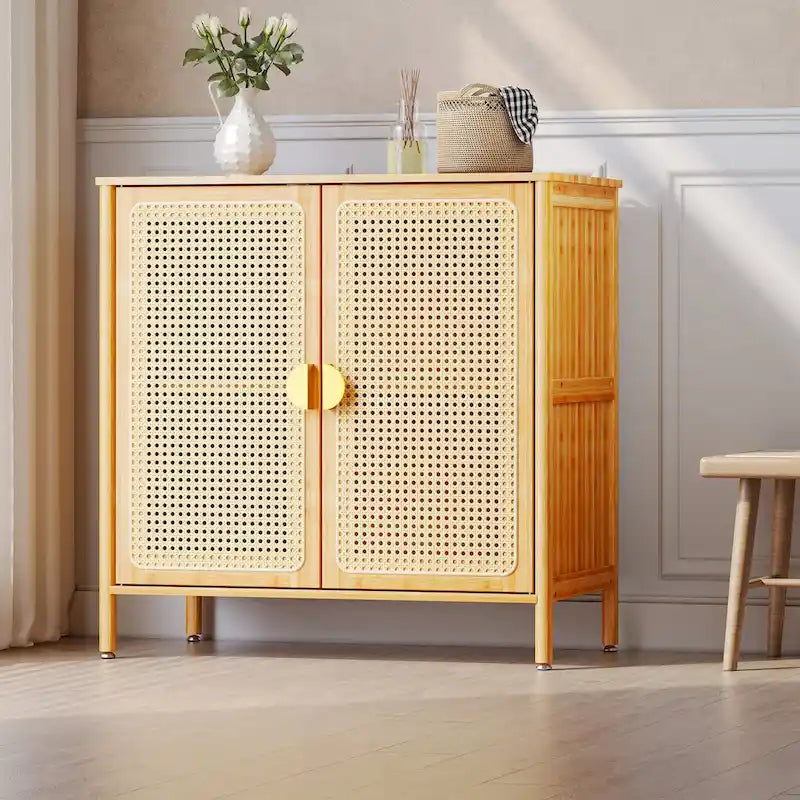 Natural Bamboo Rattan 2-Door Sideboard Storage Cabinet with Adjustable Shelves