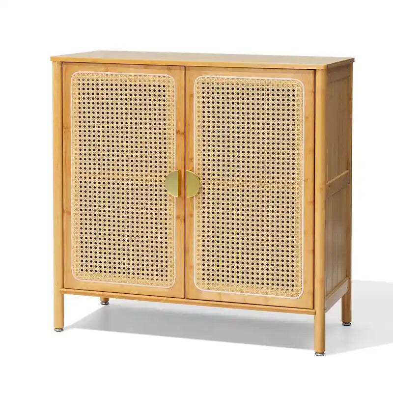 Natural Bamboo Rattan 2-Door Sideboard Storage Cabinet with Adjustable Shelves
