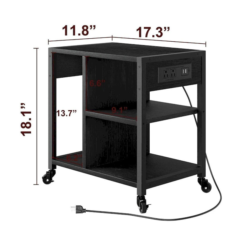 Black Rolling Printer Stand with Charging Station Open Shelves MDF Steel