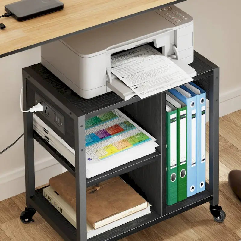 Black Rolling Printer Stand with Charging Station Open Shelves MDF Steel