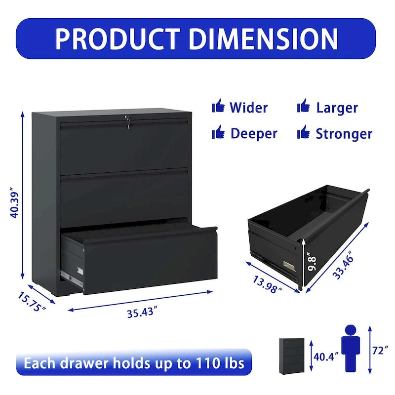 3-Drawer Lockable Metal Filing Cabinet for Home Office Black White