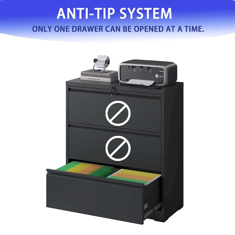 3-Drawer Lockable Metal Filing Cabinet for Home Office Black White