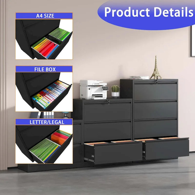 3-Drawer Lockable Metal Filing Cabinet for Home Office Black White