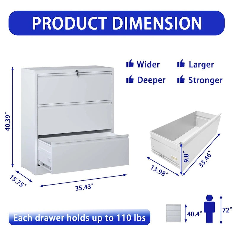 3-Drawer Lockable Metal Filing Cabinet for Home Office Black White