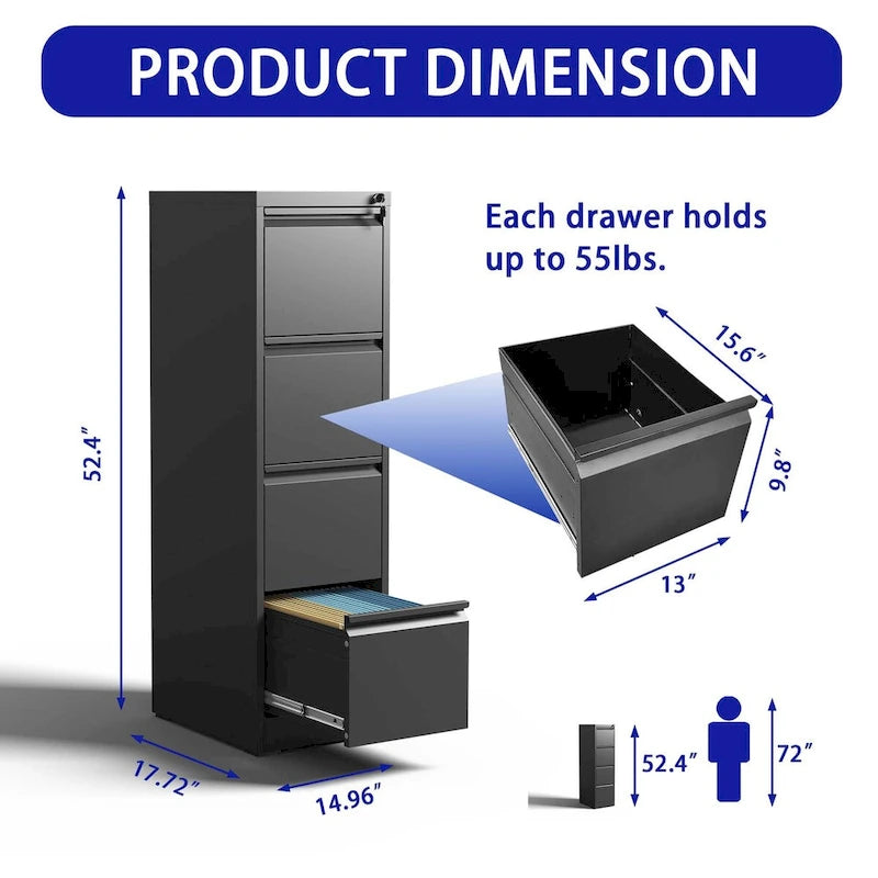 Steel 4-Drawer Vertical File Cabinet with Lock White Black