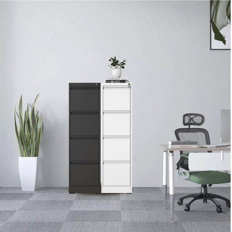Steel 4-Drawer Vertical File Cabinet with Lock White Black