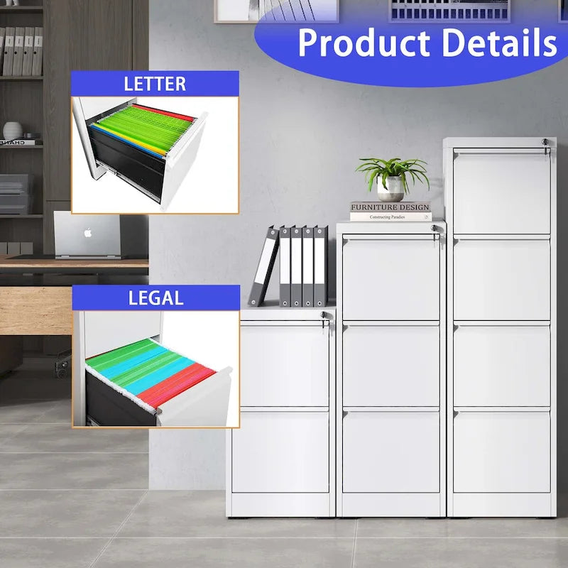 Steel 4-Drawer Vertical File Cabinet with Lock White Black