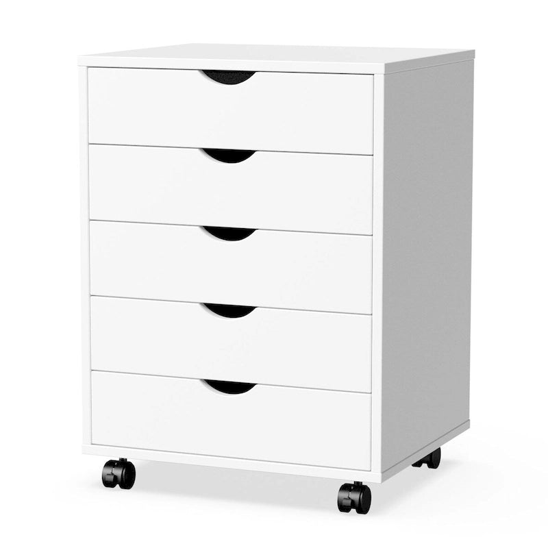 5-Drawer Rolling Storage Cabinet with Wheels White Black Wood Organizer