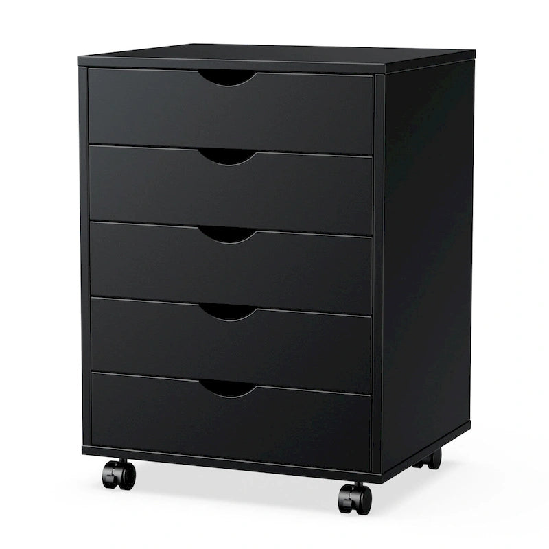 5-Drawer Rolling Storage Cabinet with Wheels White Black Wood Organizer