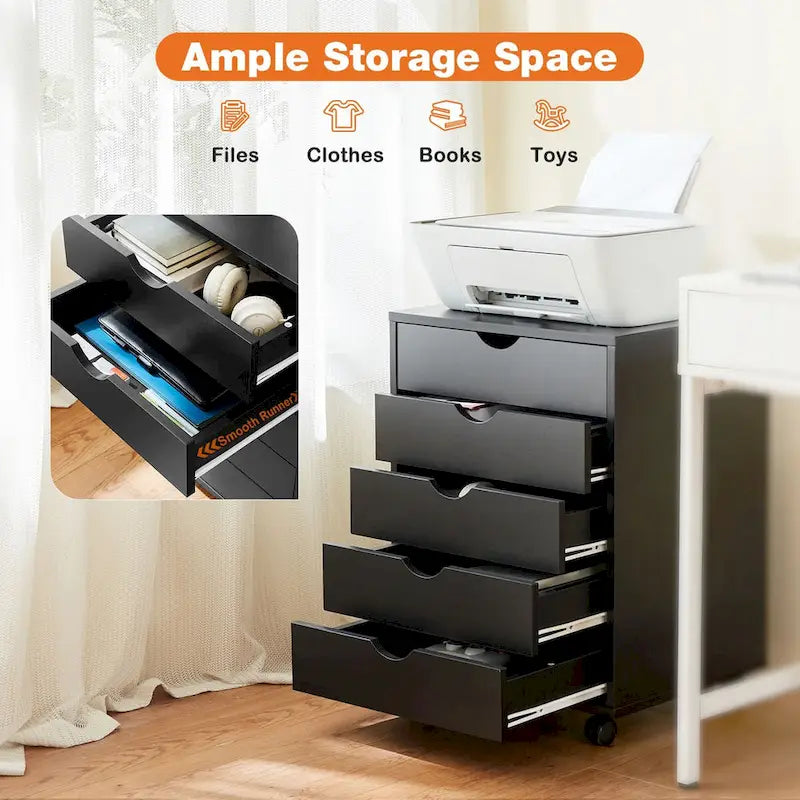 5-Drawer Rolling Storage Cabinet with Wheels White Black Wood Organizer