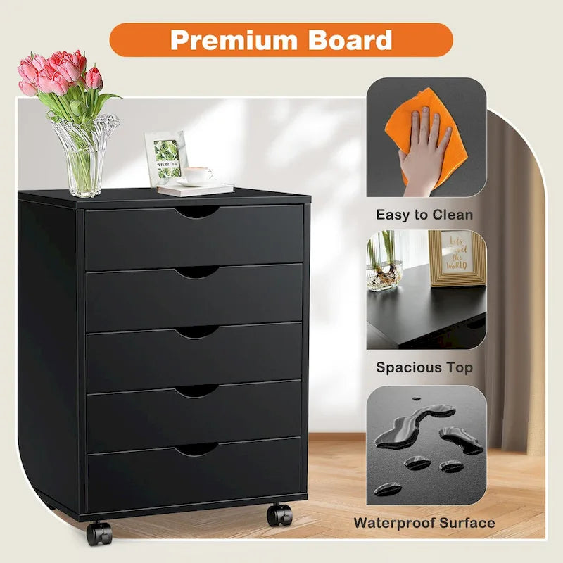 5-Drawer Rolling Storage Cabinet with Wheels White Black Wood Organizer