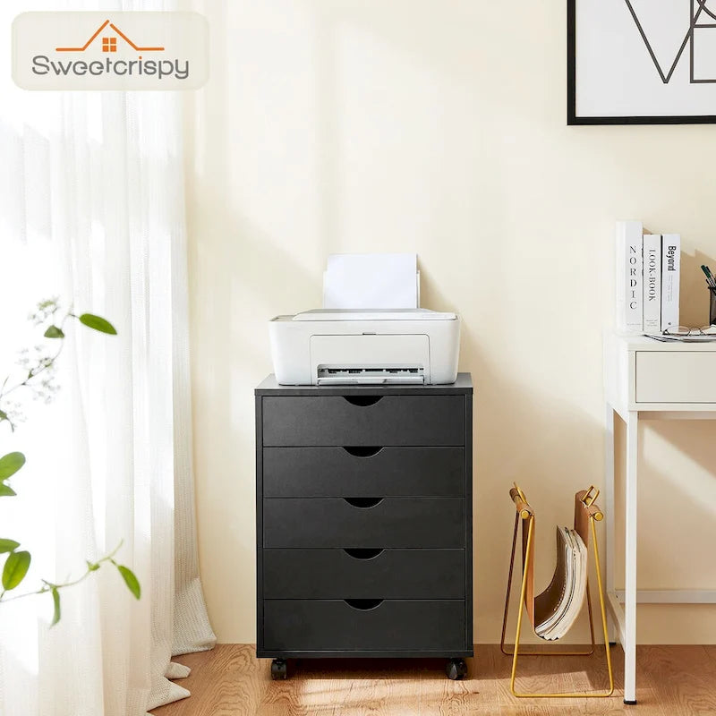 5-Drawer Rolling Storage Cabinet with Wheels White Black Wood Organizer