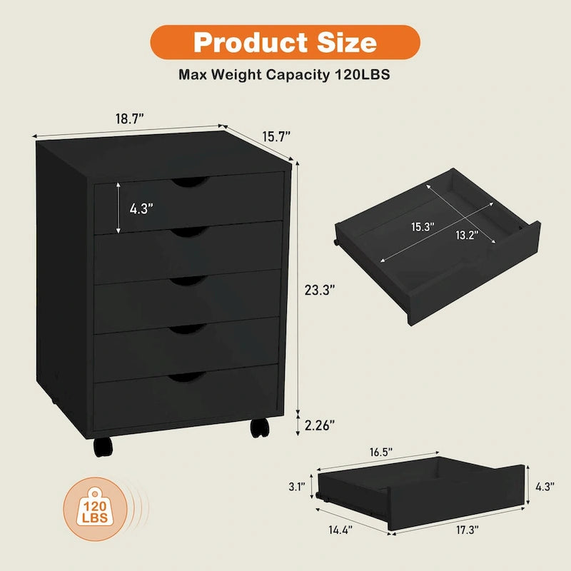 5-Drawer Rolling Storage Cabinet with Wheels White Black Wood Organizer