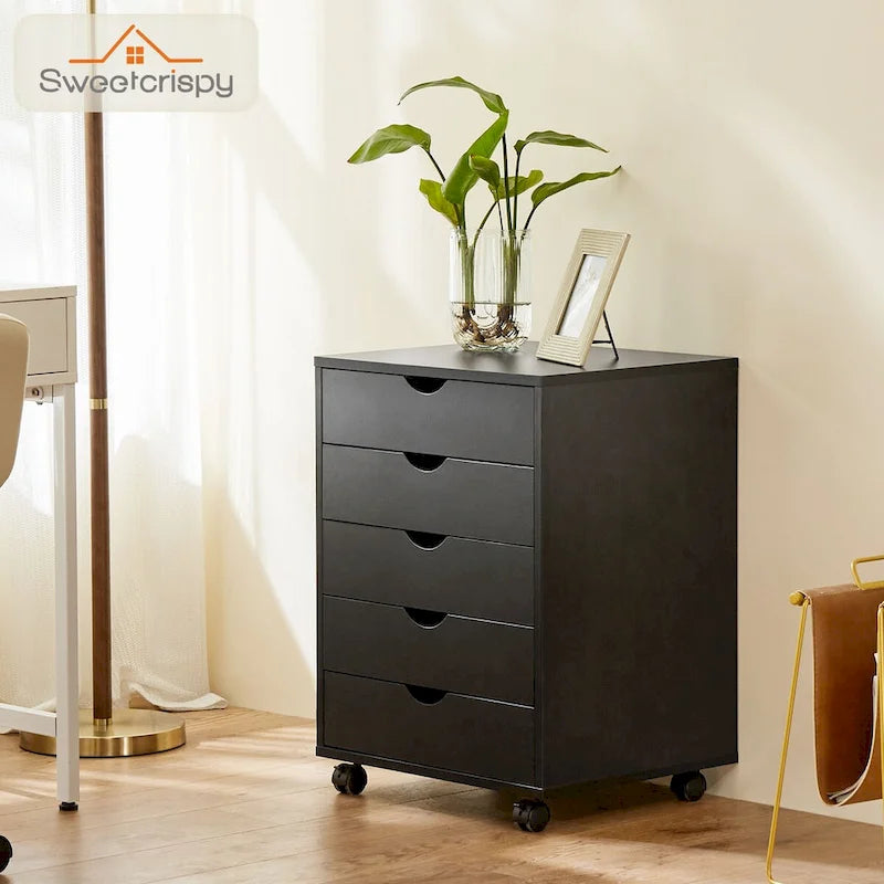 5-Drawer Rolling Storage Cabinet with Wheels White Black Wood Organizer