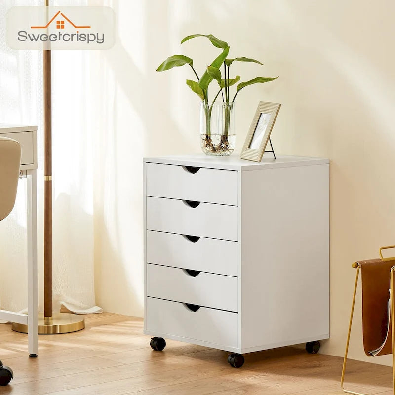 5-Drawer Rolling Storage Cabinet with Wheels White Black Wood Organizer