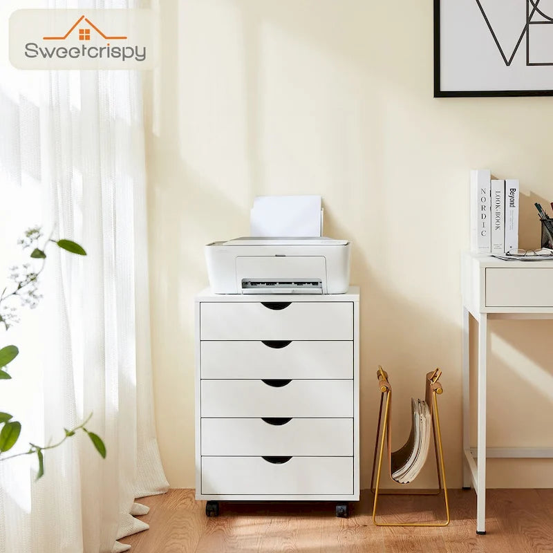 5-Drawer Rolling Storage Cabinet with Wheels White Black Wood Organizer