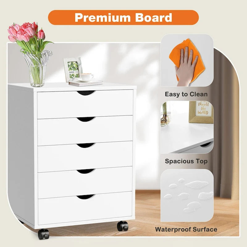 5-Drawer Rolling Storage Cabinet with Wheels White Black Wood Organizer