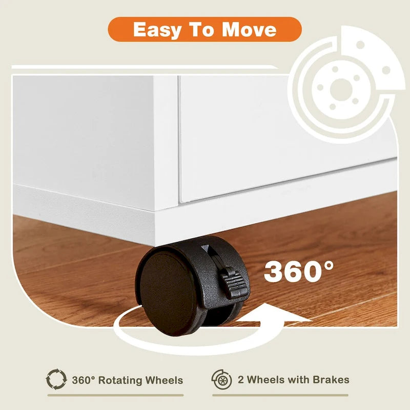 5-Drawer Rolling Storage Cabinet with Wheels White Black Wood Organizer