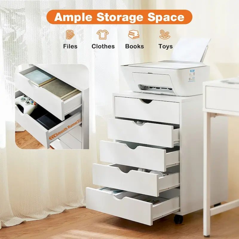 5-Drawer Rolling Storage Cabinet with Wheels White Black Wood Organizer