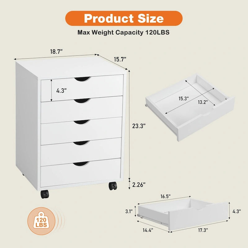 5-Drawer Rolling Storage Cabinet with Wheels White Black Wood Organizer