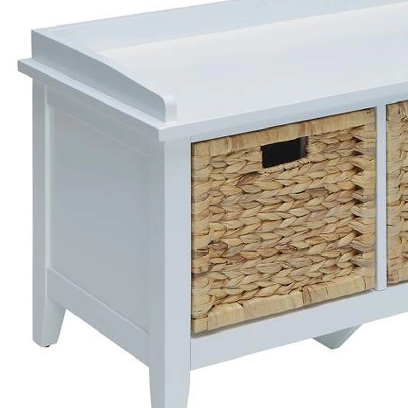White Rustic Storage Bench with Three Woven Rattan Baskets Cushioned