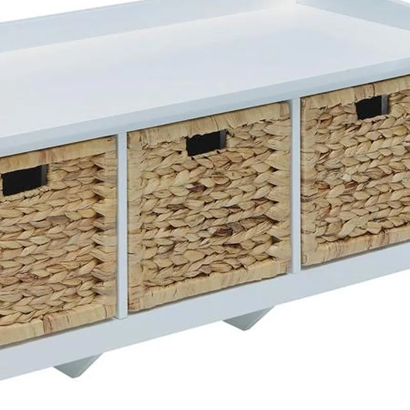 White Rustic Storage Bench with Three Woven Rattan Baskets Cushioned