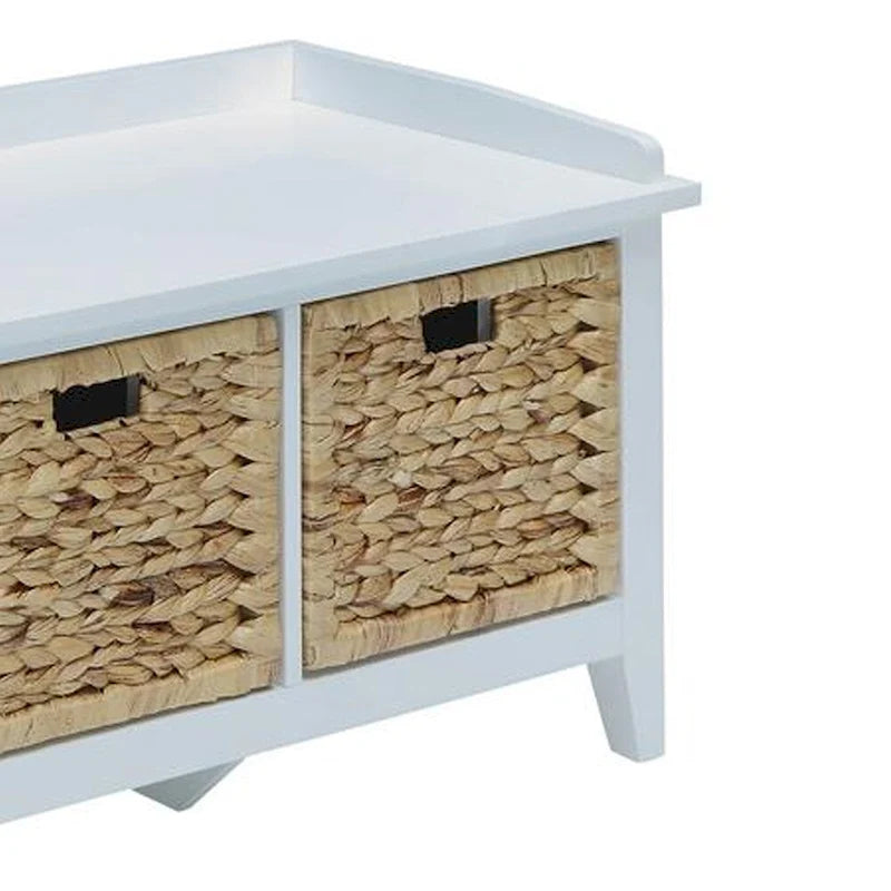 White Rustic Storage Bench with Three Woven Rattan Baskets Cushioned