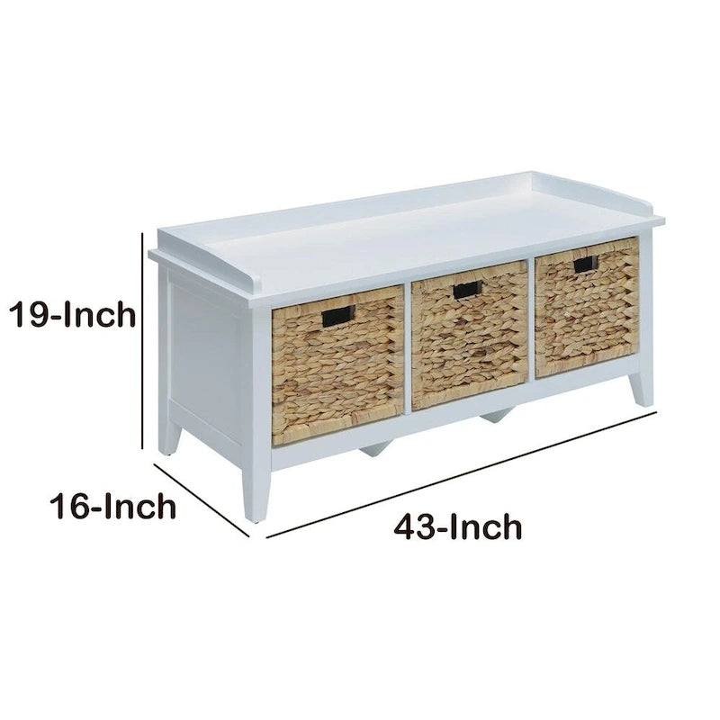 White Rustic Storage Bench with Three Woven Rattan Baskets Cushioned