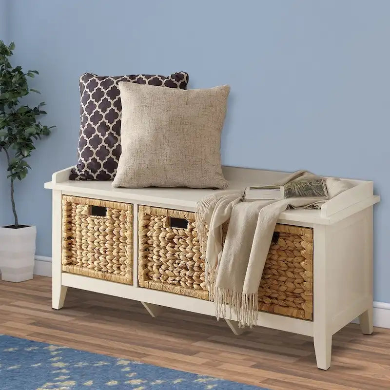 White Rustic Storage Bench with Three Woven Rattan Baskets Cushioned