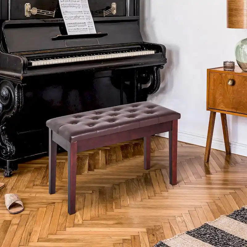 Brown Faux Leather Button Tufted Piano Bench with Solid Wood Legs