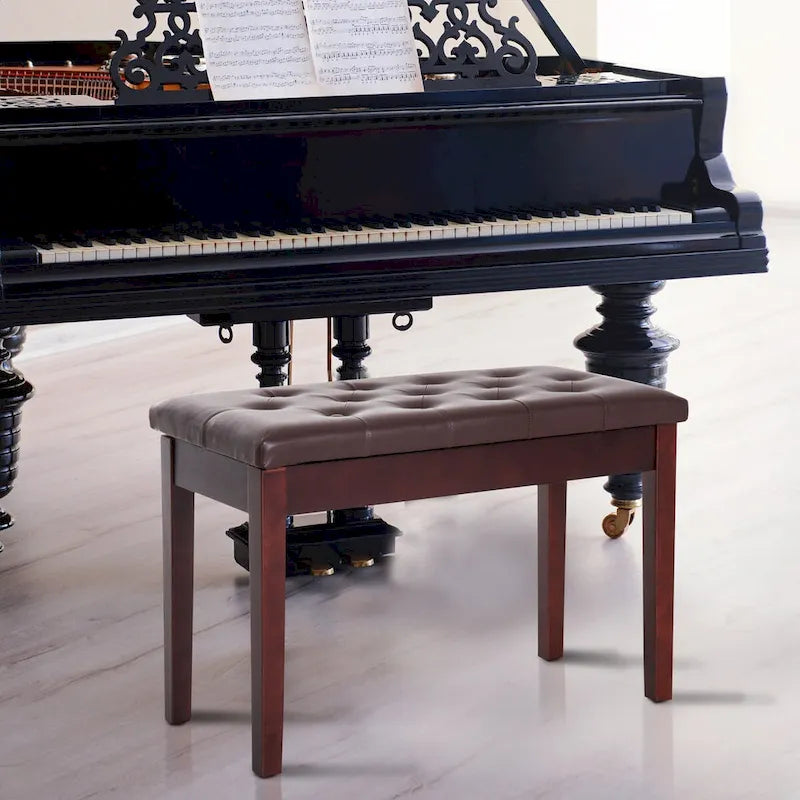 Brown Faux Leather Button Tufted Piano Bench with Solid Wood Legs
