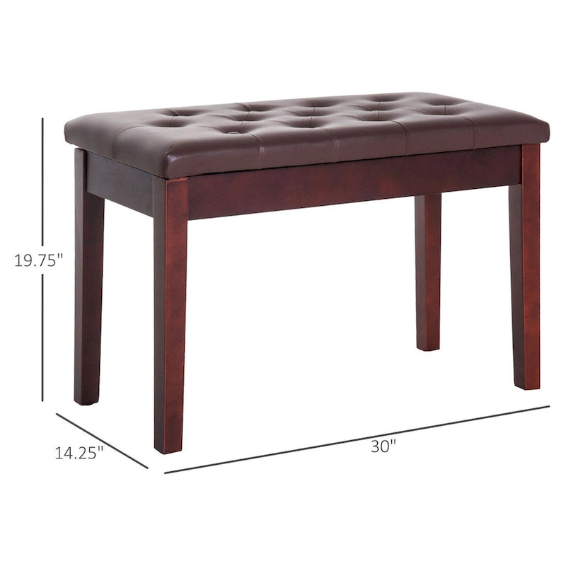 Brown Faux Leather Button Tufted Piano Bench with Solid Wood Legs