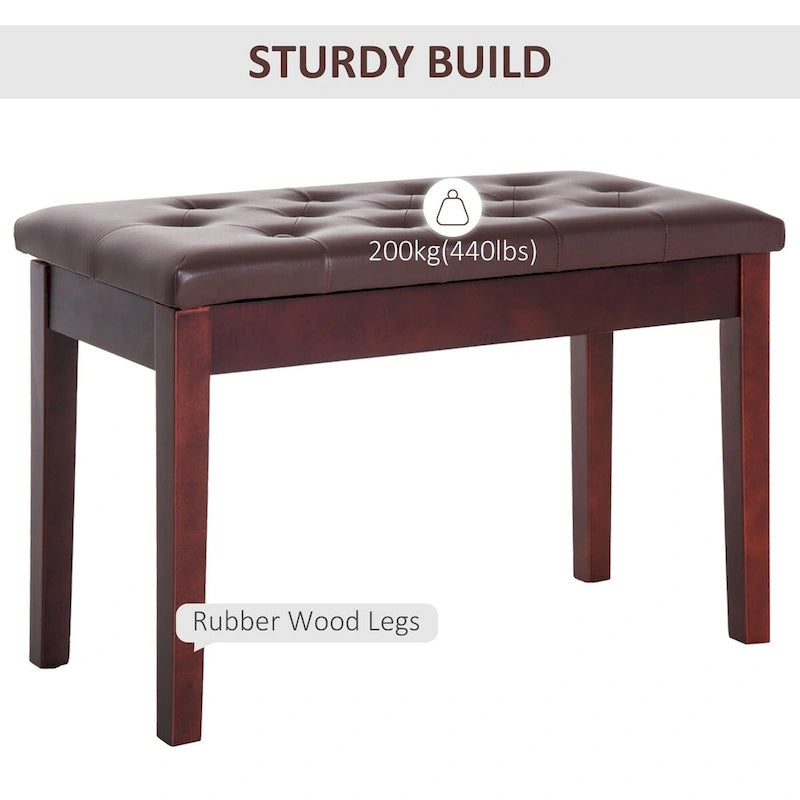 Brown Faux Leather Button Tufted Piano Bench with Solid Wood Legs