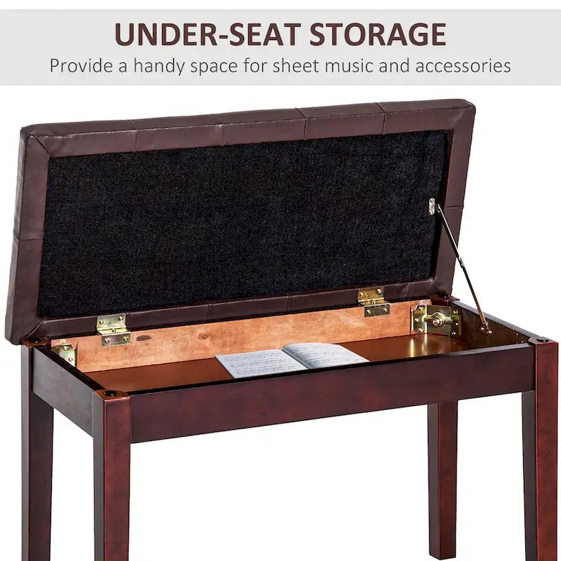 Brown Faux Leather Button Tufted Piano Bench with Solid Wood Legs