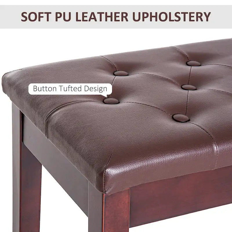 Brown Faux Leather Button Tufted Piano Bench with Solid Wood Legs