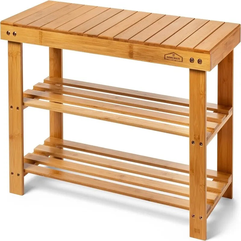 Bamboo Shoe Rack Bench with Storage Shelves Brown Natural Black