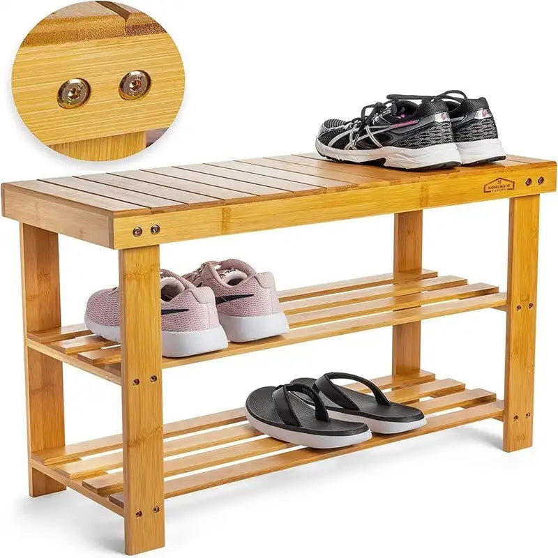Bamboo Shoe Rack Bench with Storage Shelves Brown Natural Black