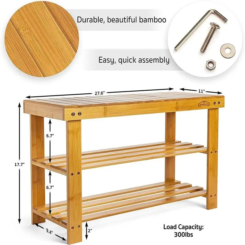 Bamboo Shoe Rack Bench with Storage Shelves Brown Natural Black