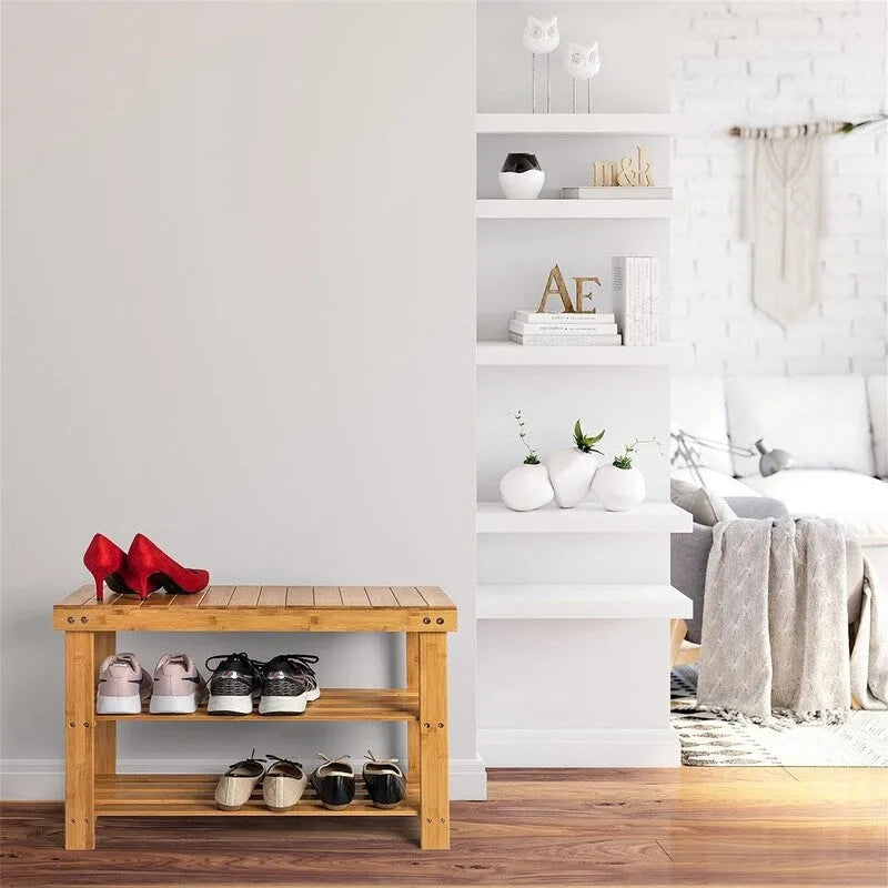 Bamboo Shoe Rack Bench with Storage Shelves Brown Natural Black