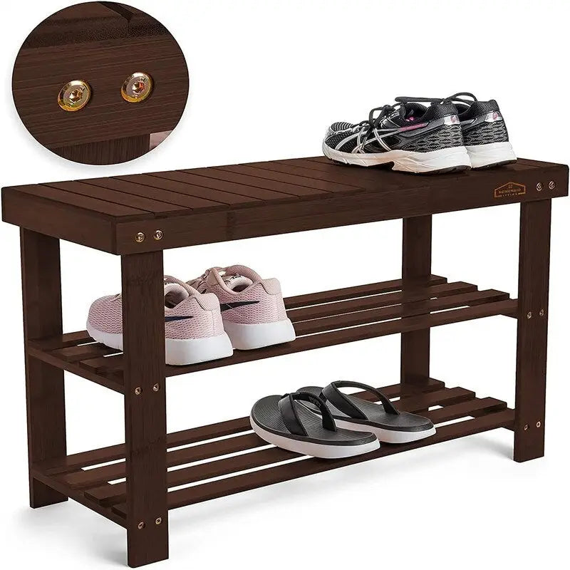 Bamboo Shoe Rack Bench with Storage Shelves Brown Natural Black
