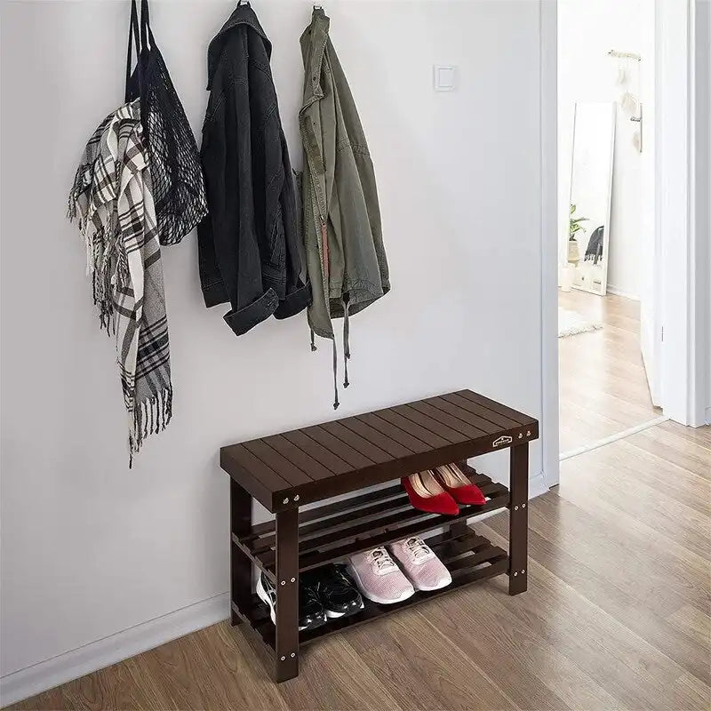 Bamboo Shoe Rack Bench with Storage Shelves Brown Natural Black