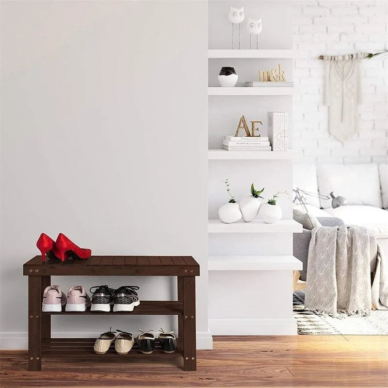 Bamboo Shoe Rack Bench with Storage Shelves Brown Natural Black