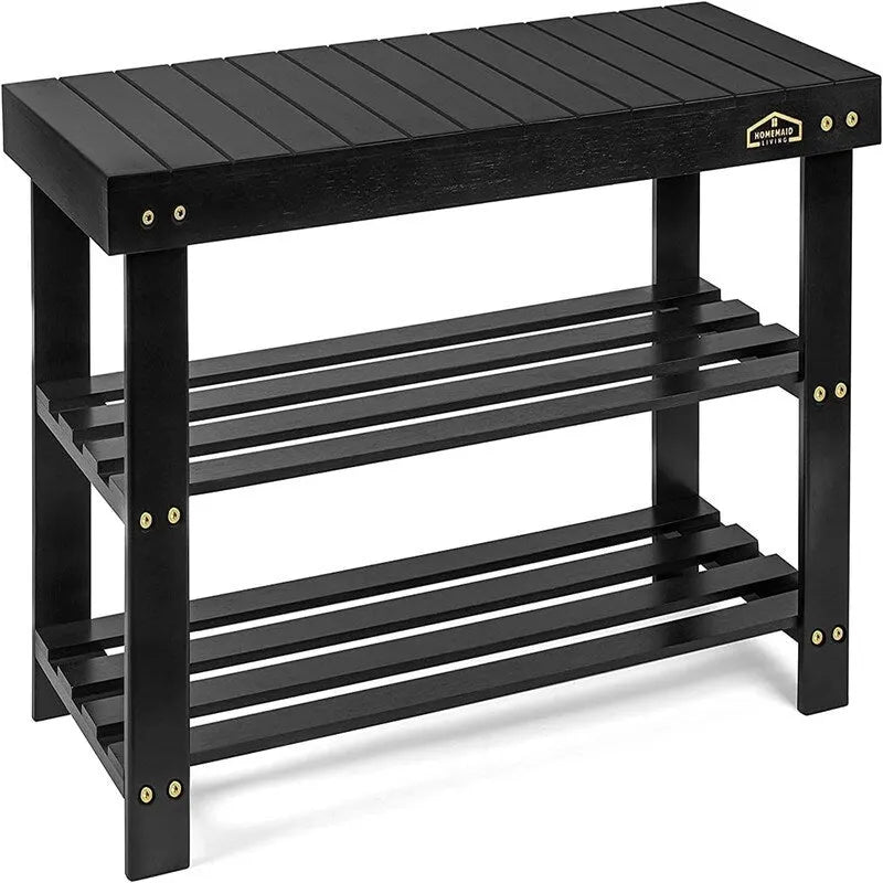 Bamboo Shoe Rack Bench with Storage Shelves Brown Natural Black