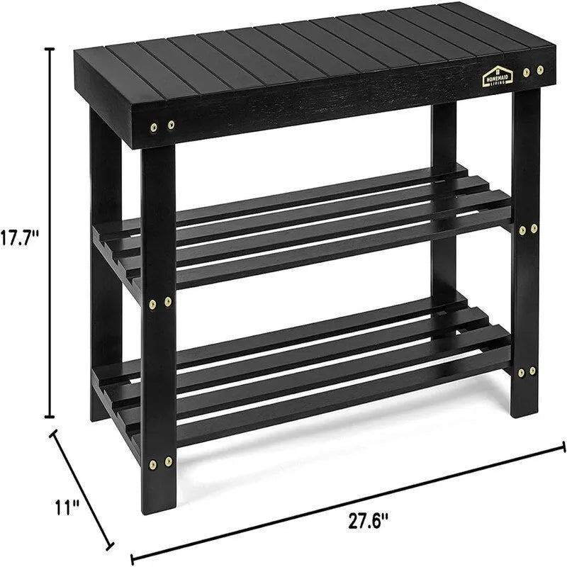 Bamboo Shoe Rack Bench with Storage Shelves Brown Natural Black