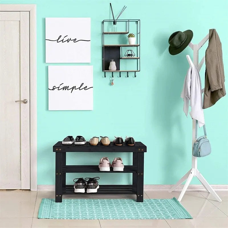 Bamboo Shoe Rack Bench with Storage Shelves Brown Natural Black