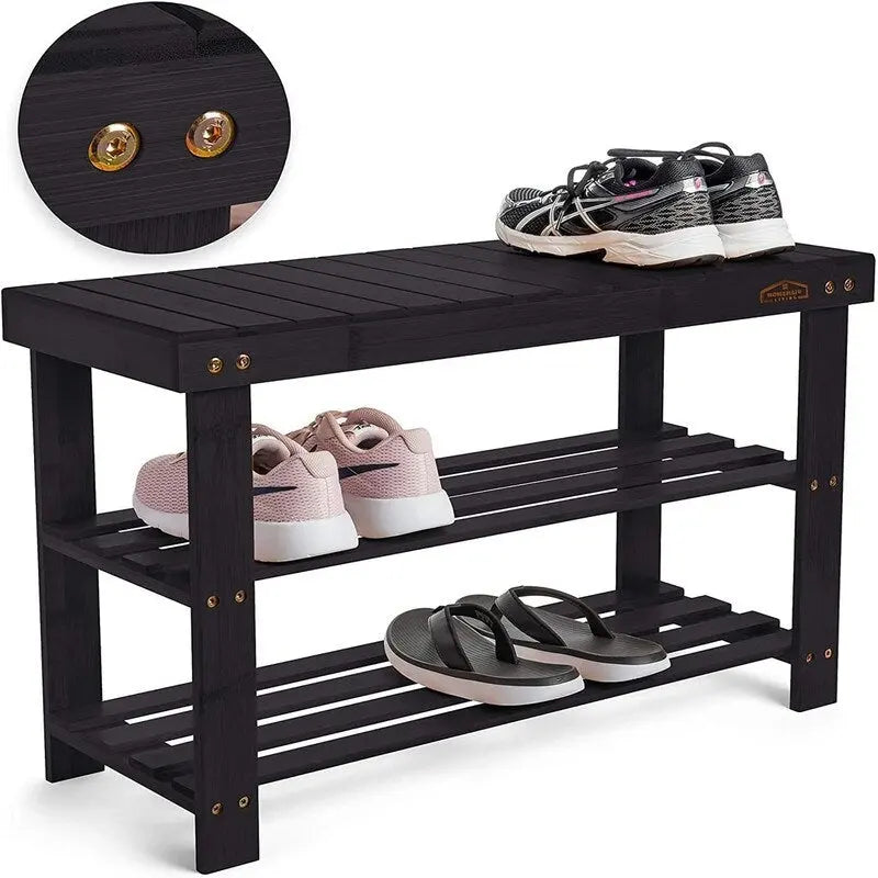 Bamboo Shoe Rack Bench with Storage Shelves Brown Natural Black