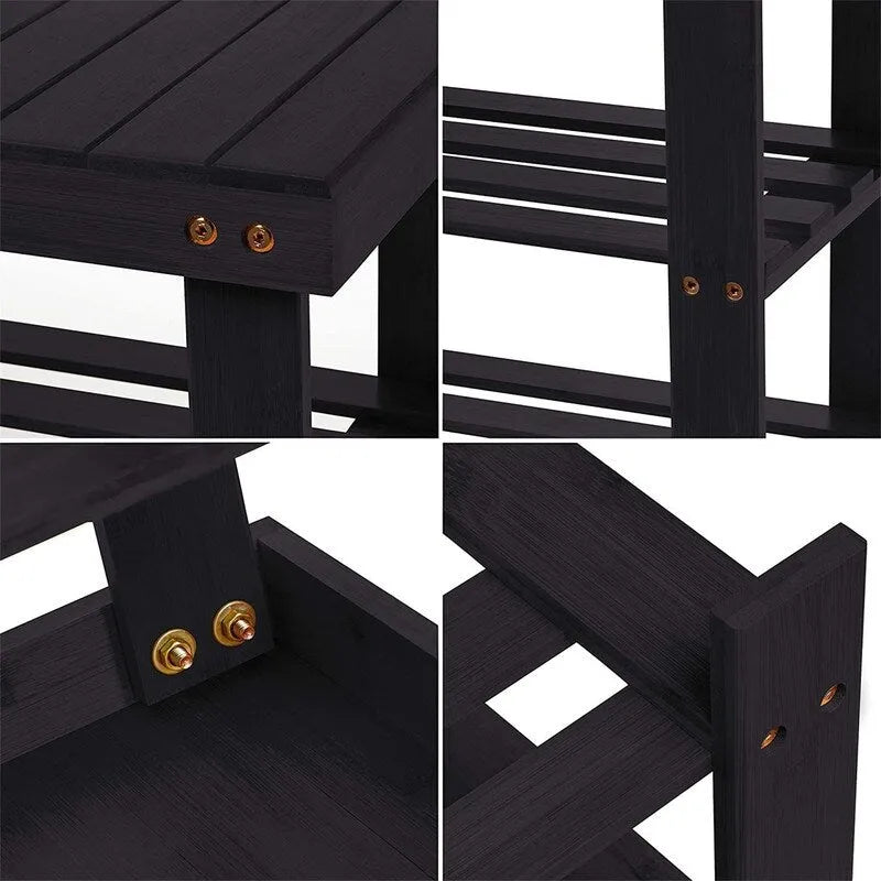Bamboo Shoe Rack Bench with Storage Shelves Brown Natural Black