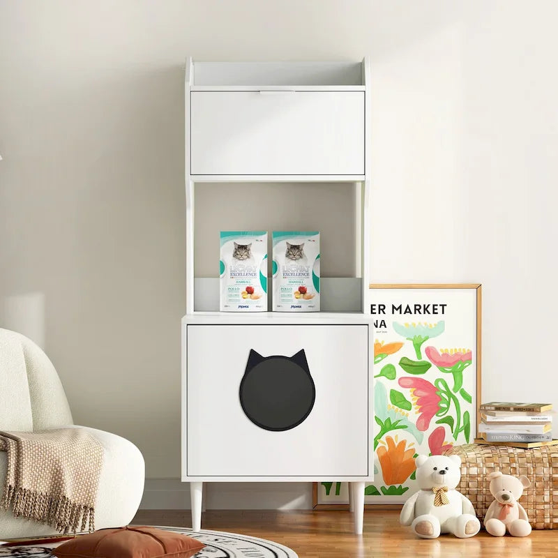 White Wooden Cat Litter Box Enclosure Cabinet with Storage Shelves and Flip Door